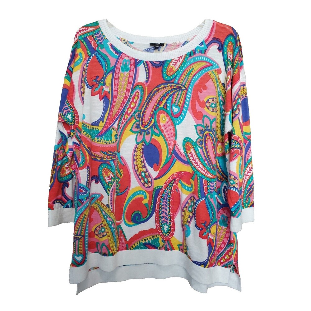 Talbots Petite Cotton Retro Paisley 3/4 Sleeve Boat Neck Sweater Size XLP